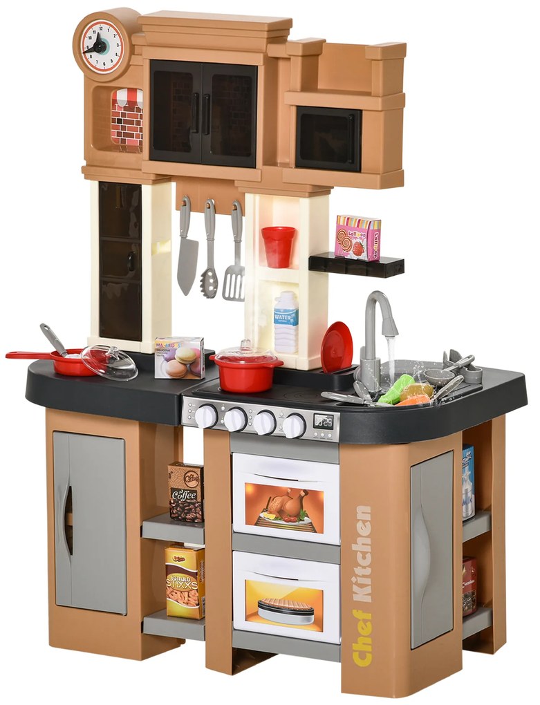 HOMCOM Cozinha Infantil com 58 Peças para Crianças acima de 3 Anos Cozinha de Brincar com Luz Sons Lavatório Torneira com Água e Forno 63x35x84cm Marrom