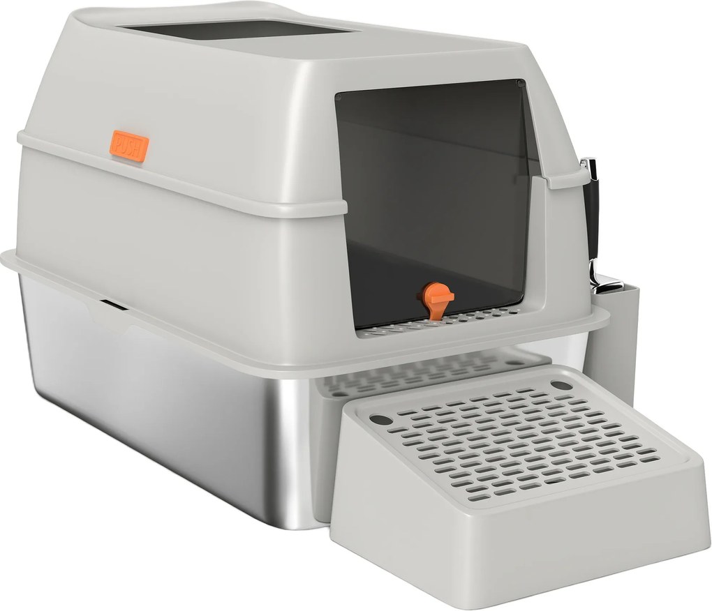 Caixa de Areia para Gatos Fechada de Aço Inoxidável com Abertura de Saída e Pá 60,2x40,5x40,5 cm Cinza Claro