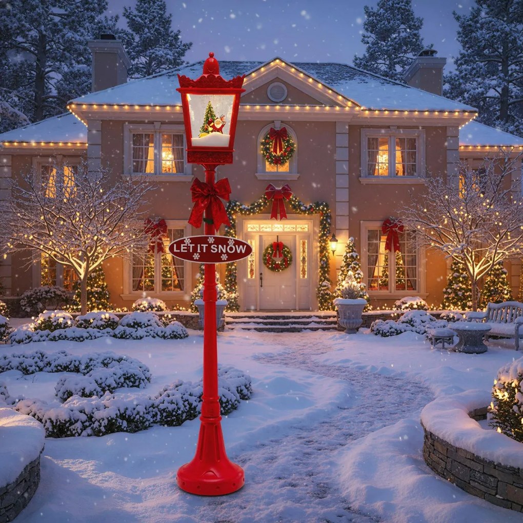 Candeeiro Natal musical natalina com 185 cm com luzes LED brancas quentes Efeitos de neve Base recarregável Vermelho