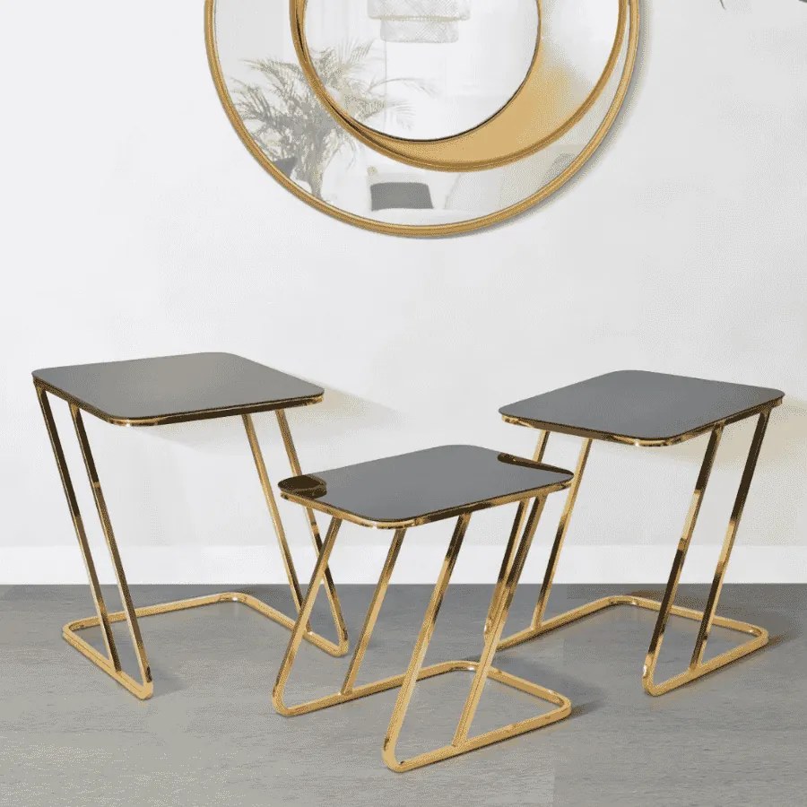 CONJUNTO DE 3 MESAS SIMPLES 44X50,5X55,5-39X49X51-34X47X45 CM DOURADO E PRETO
