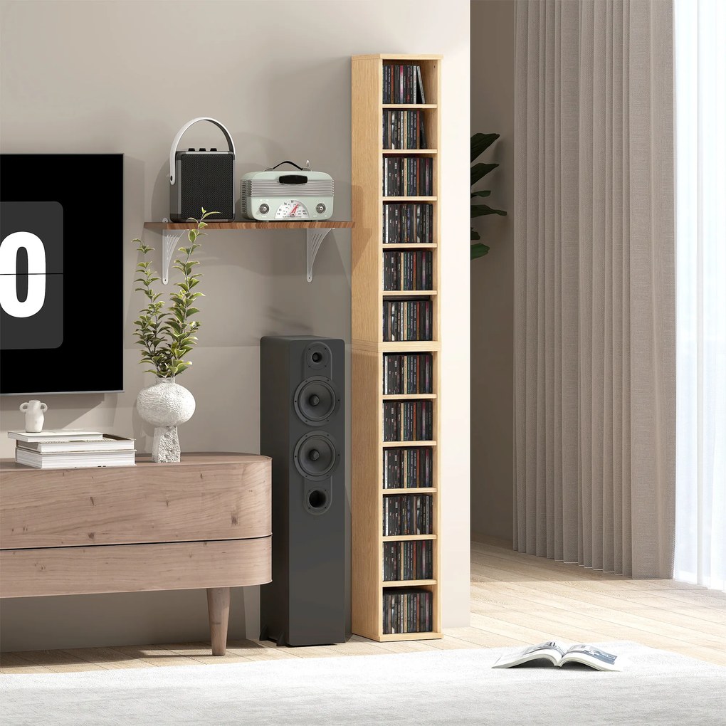 Conjunto de 2 prateleiras verticais para arrumação de CDs e DVDs, com 12 compartimentos, 21 x 22,5 x 88,5 cm, capacidade para 204 CDs, em madeira natu