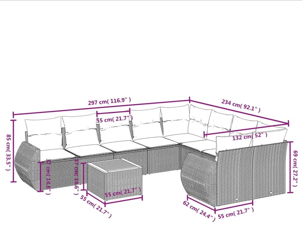 10 pcs conjunto de sofás p/ jardim com almofadões vime PE bege