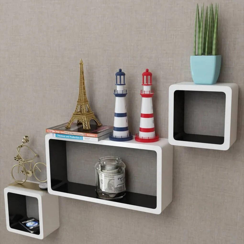 Conjunto 3 prateleiras de parede em forma de cubo MDF branco/preto