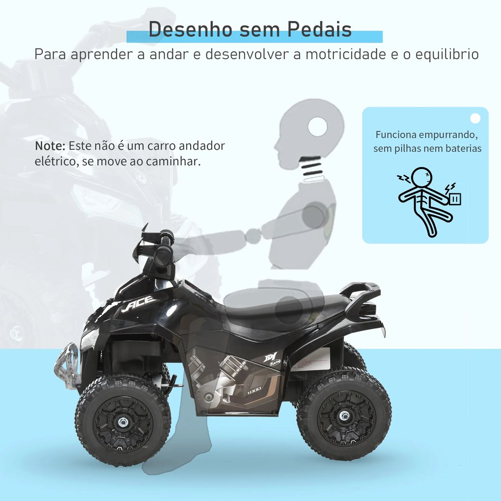 Andarilho Moto 4 para Crianças Carro Andador Infantil com Luzes e Música Desenho Inovador Carga 20kg 67,5x38x44 cm Preto