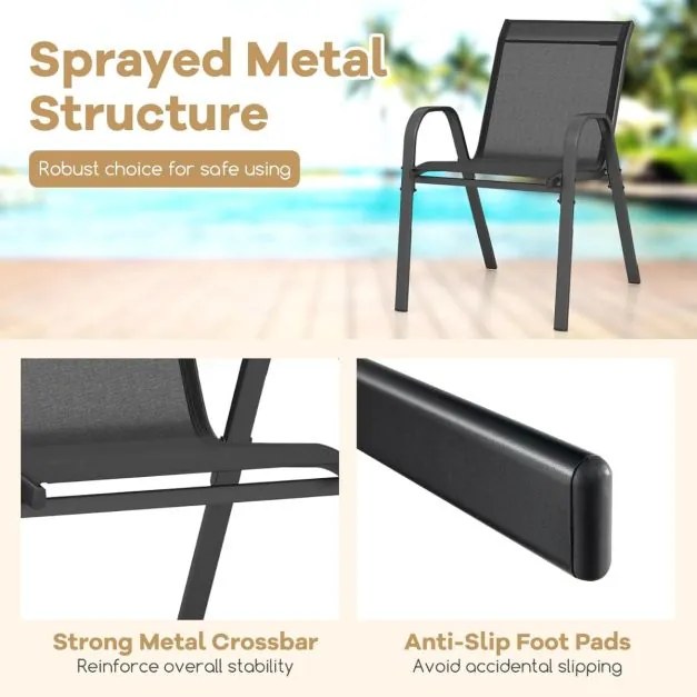 Conjunto de 4 cadeiras de jantar de jardim empilháveis Estrutura resistente ao tecido respirável Pátio exterior Praia 55 x 67 x 83 cm Preto