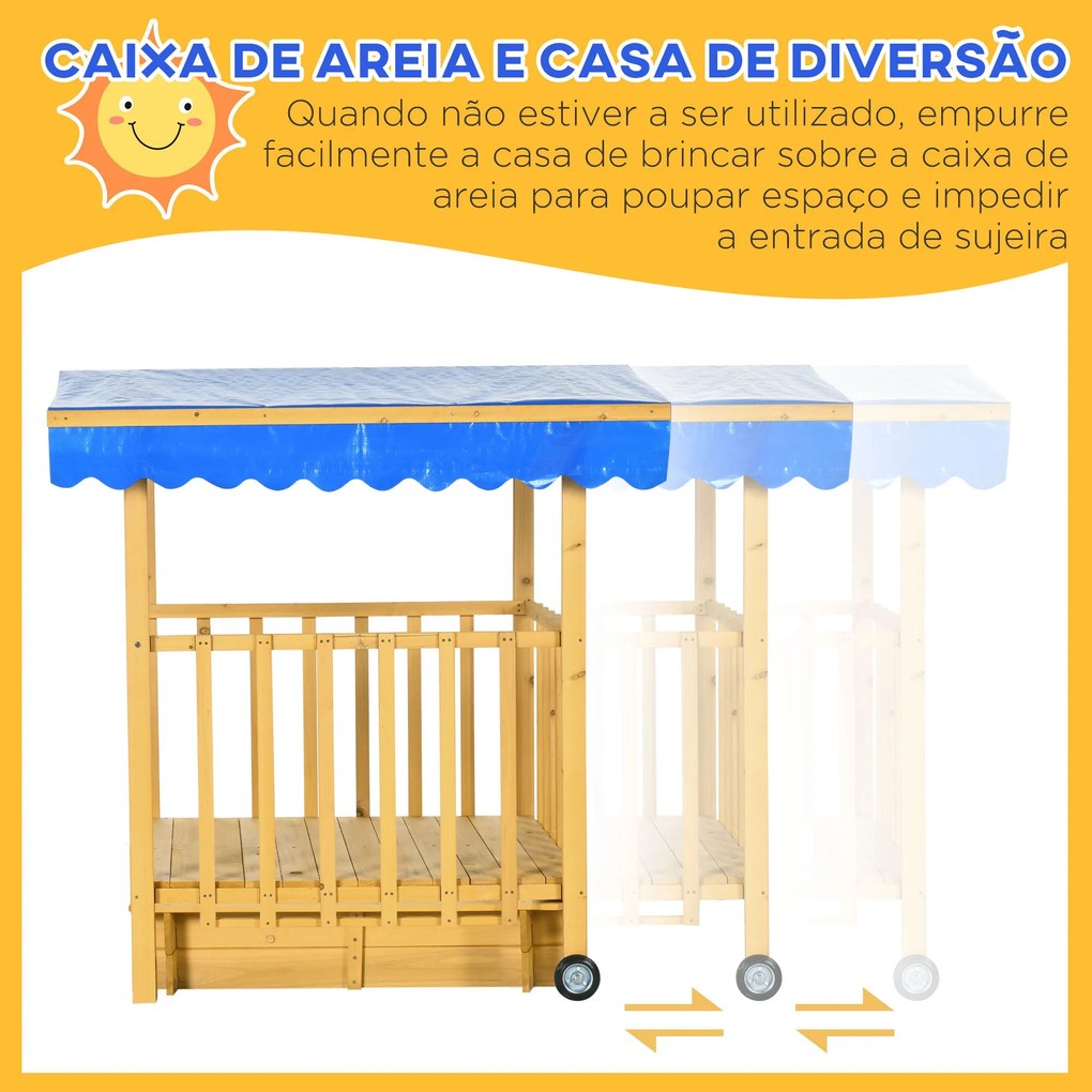Caixa de Areia para Crianças com Varanda de Madeira Teto e Rodas Caixa