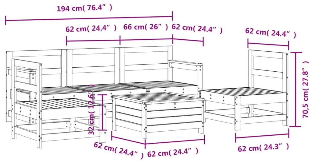 6 pcs conjunto de sofás de jardim madeira de pinho impregnada