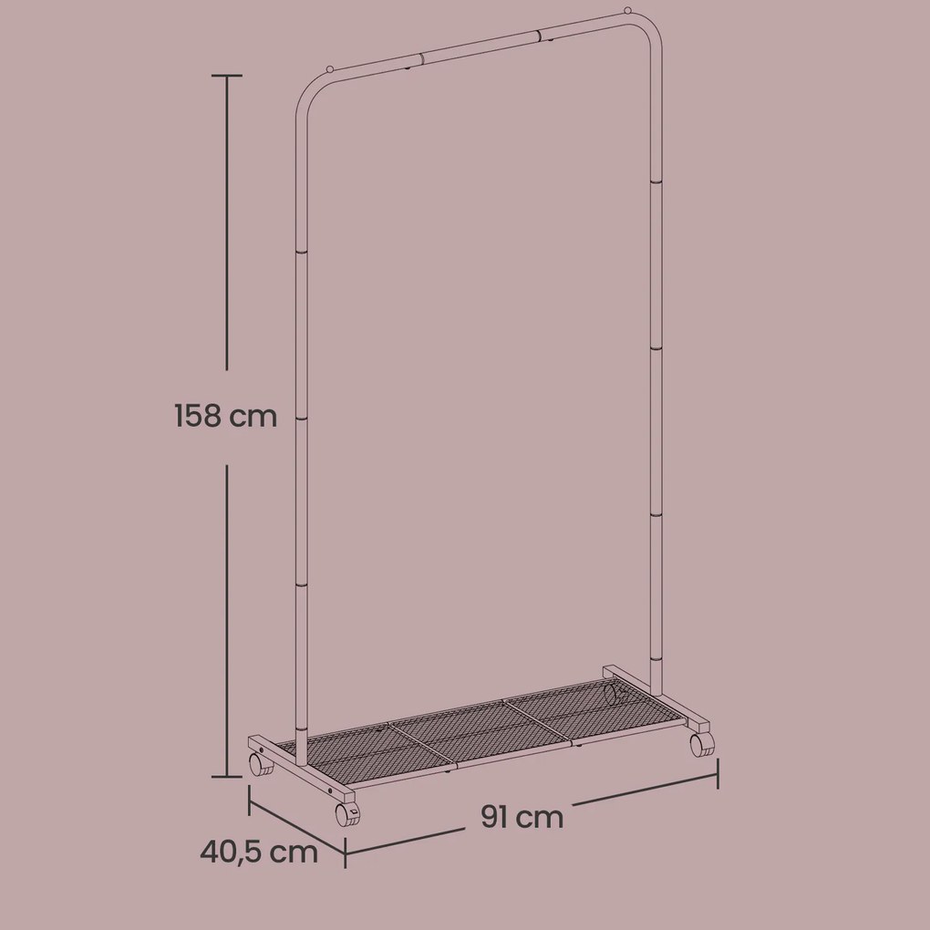 Guarda roupa cabide para roupas com rodas e prateleira 40,5 x 91 x 158 cm cinzento