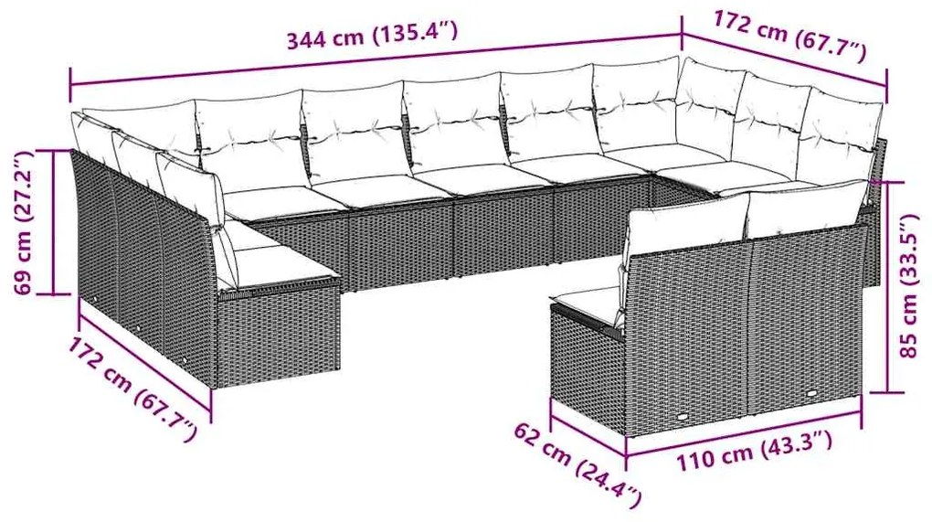 12 pcs conjunto de sofás jardim com almofadões vime PE castanho