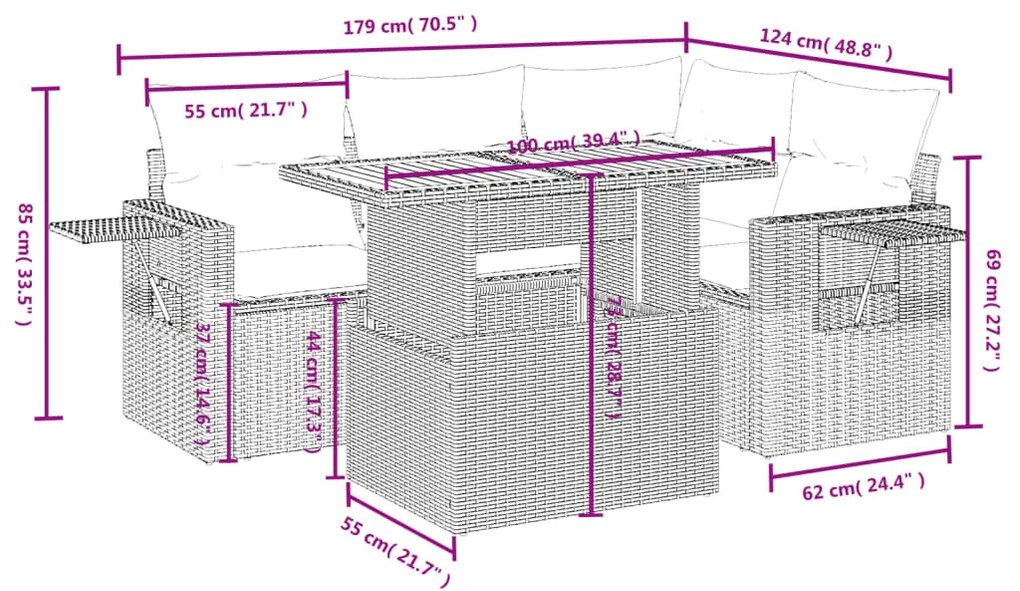 5 pcs conjunto sofás de jardim c/ almofadões vime PE cinzento