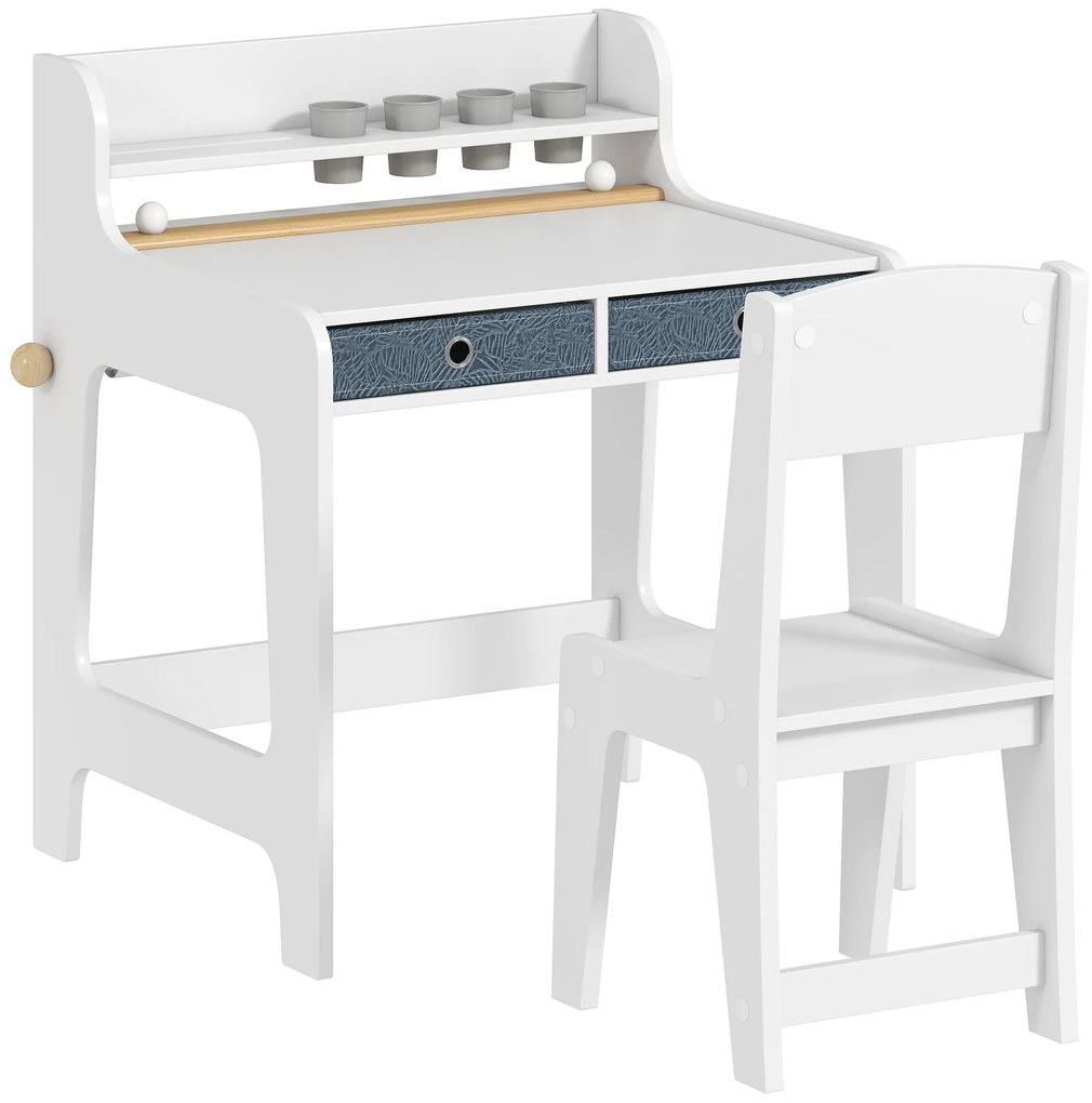 AIYAPLAY Secretária para Crianças com 2 Gavetas Extraíveis Estante e Porta-Copos para Estudar Ler e Desenhar e Cadeira Branco | Aosom Portugal