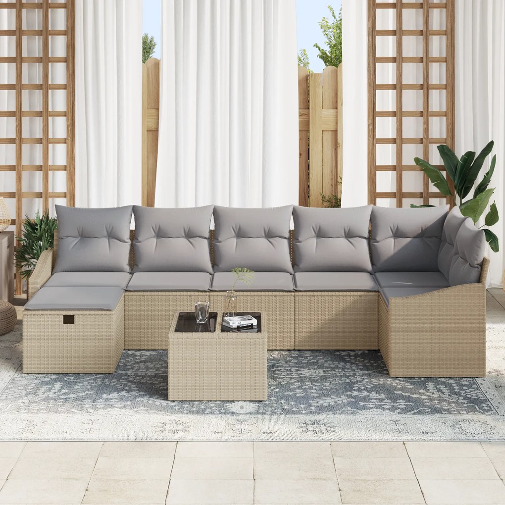 Conjunto de Sofá de Jardim de 8 Peças com Almofadas Bege Rattan Sintét