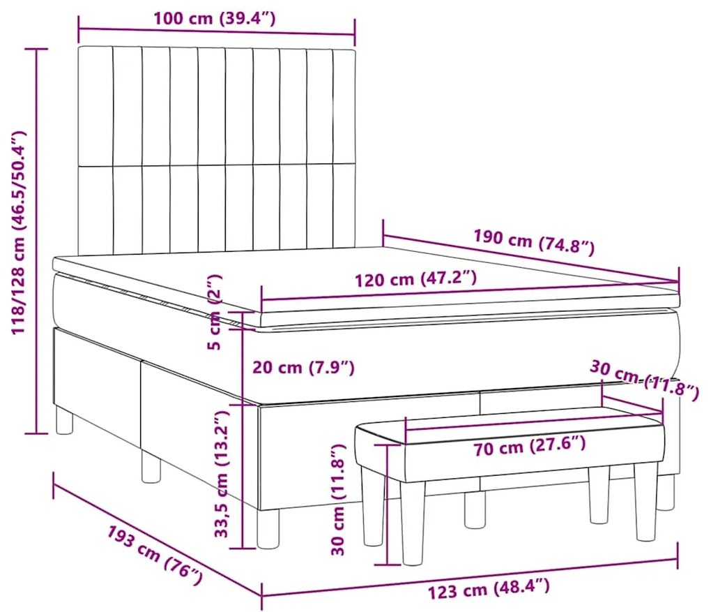 Cama boxspring com colchão 120x190 cm tecido cinzento-claro