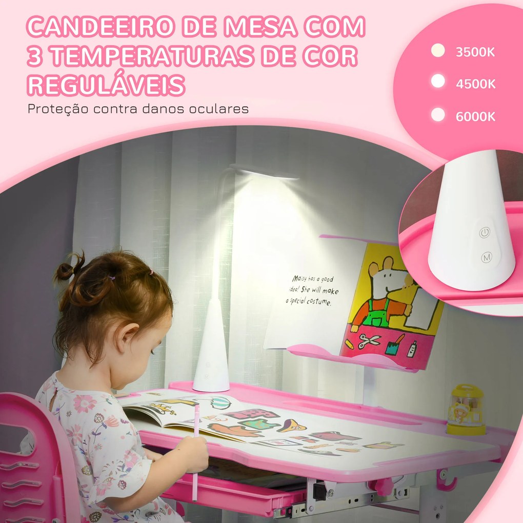 HOMCOM Conjunto de Secretária e Cadeira para Crianças acima de 3 Anos Secretária Infantil com Altura Ajustável Mesa Inclinável Gaveta Lâmpada LED e Suporte para Lápis 80x49,5x80-105cm e 36x34x60-73cm Rosa