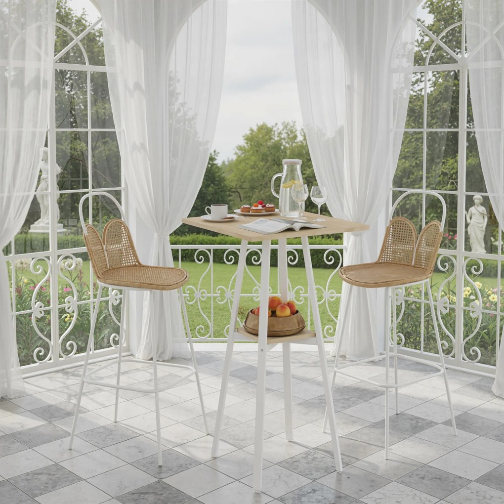 Mesa Alta de Cozinha Quadrada com Prateleira Mesa Alta de Bar para 2 Pessoas Pernas de Metal 55x55x95 cm Madeira e Branco