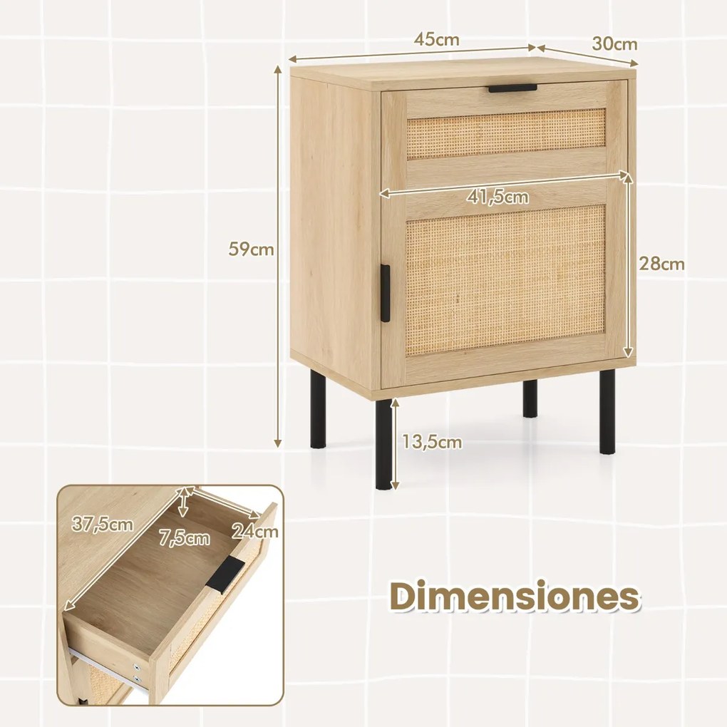 Conjunto de 2 mesas de cabeceira em rattan com gaveta e armário, pés metálicos, estilo moderno, 45 x 30 x 59 cm Natural
