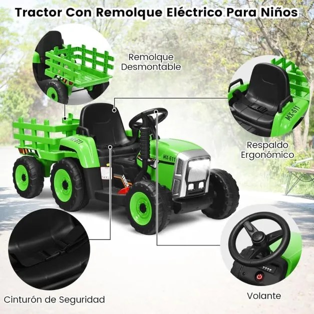 Trator elétrico para crianças 12V com reboque removível e controle remoto com 3 velocidades/luz/música para 3+ anos Carga 30 kg Verde