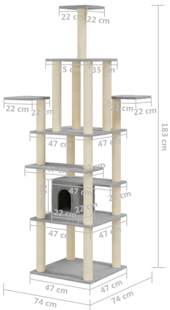 Árvore p/ gatos c/ postes arranhadores sisal 183 cm cinza-claro