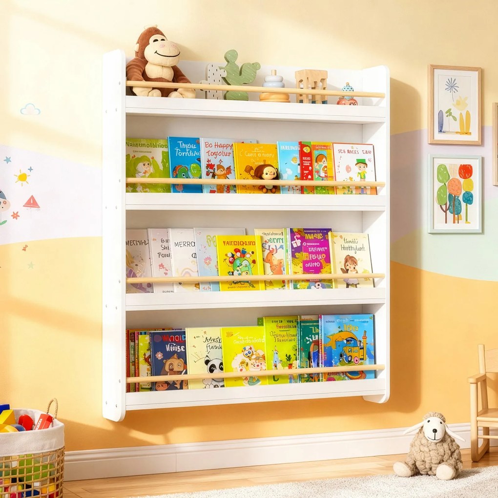 Estante infantil, 4 níveis, estante para brinquedos 12 x 80 x 100 cm branco-natural