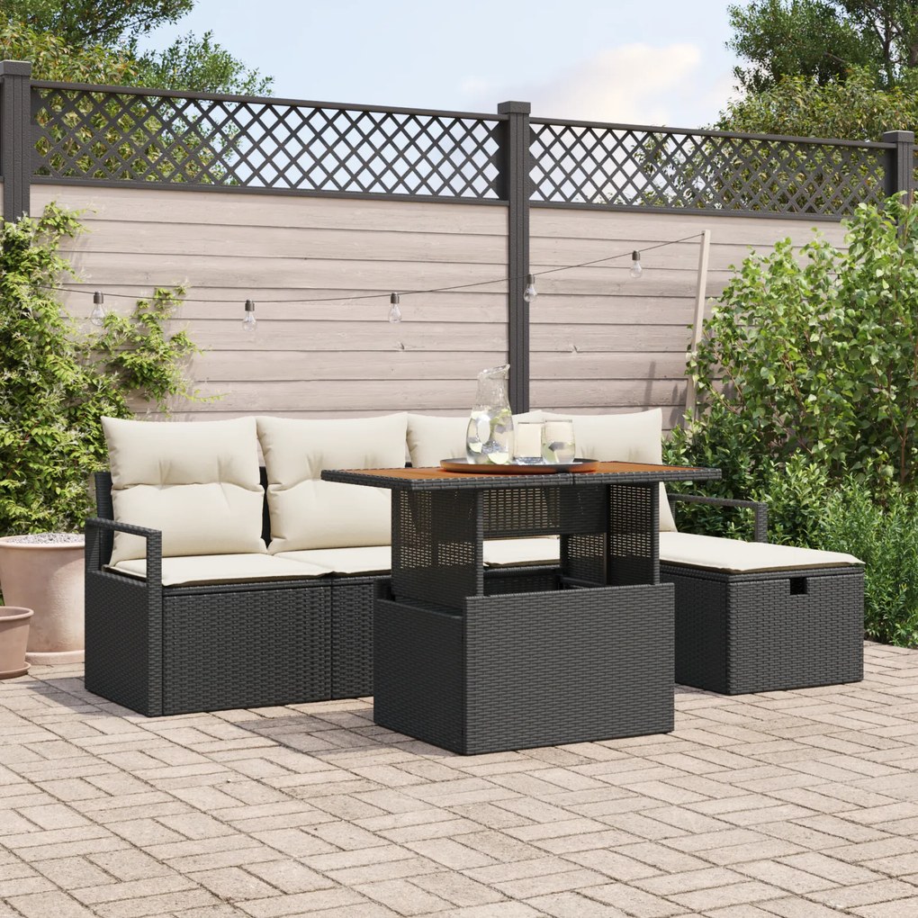 Conjunto de Sofá de Jardim vidaXL 6 Peças com Almofadas Preto Vime PE,