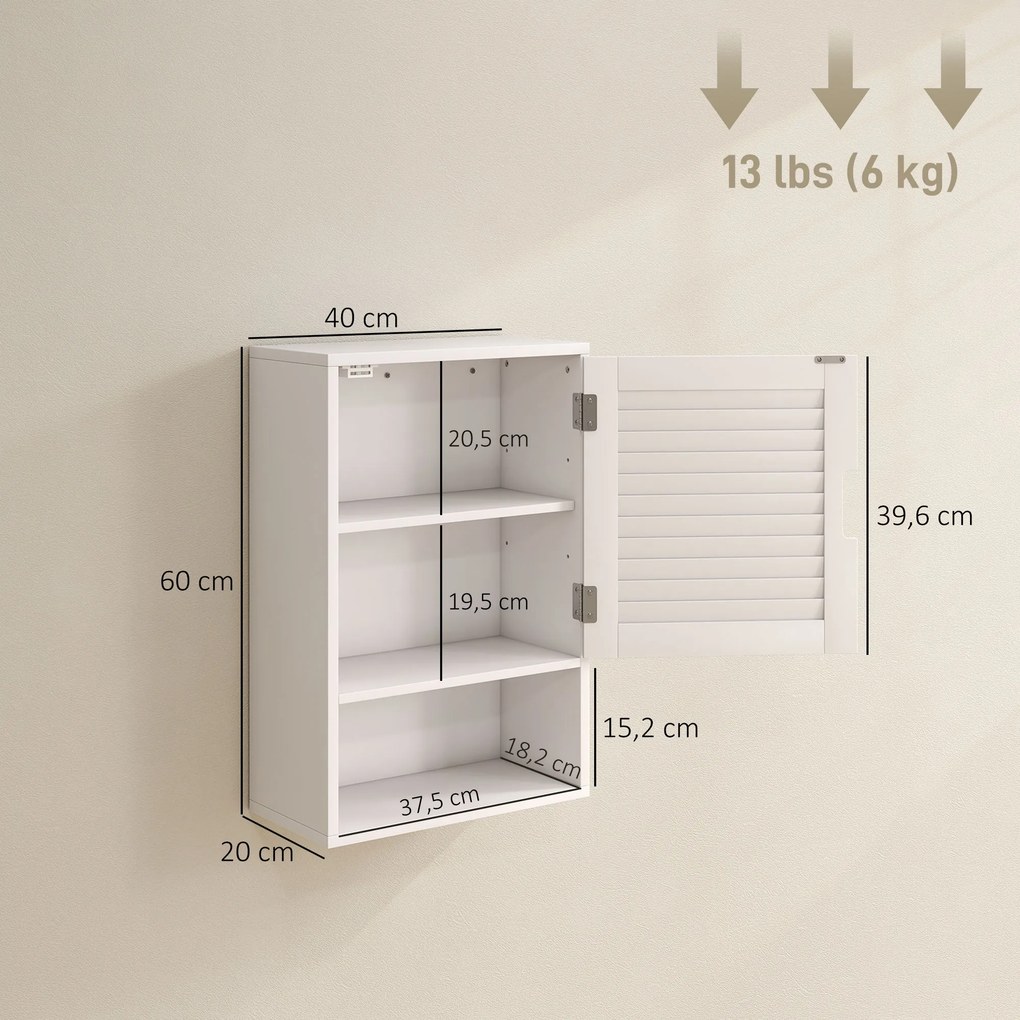 Armário de parede para casa de banho 40x20x60 cm com porta de ripas, prateleira ajustável e compartimento aberto, branco