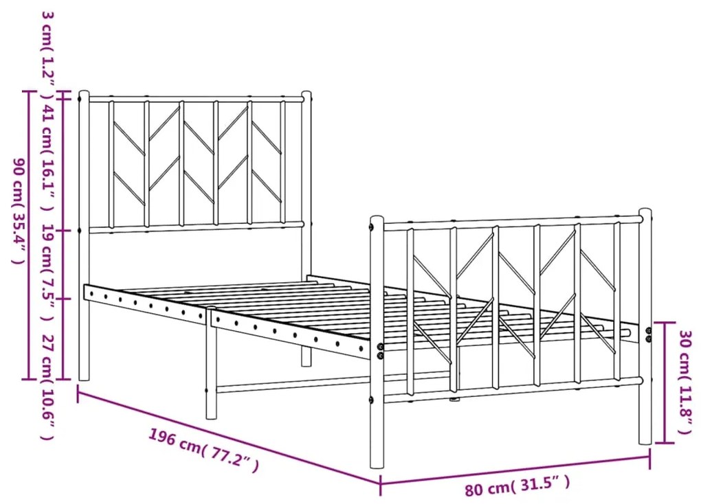 Estrutura de cama com cabeceira e pés 75x190 cm metal preto