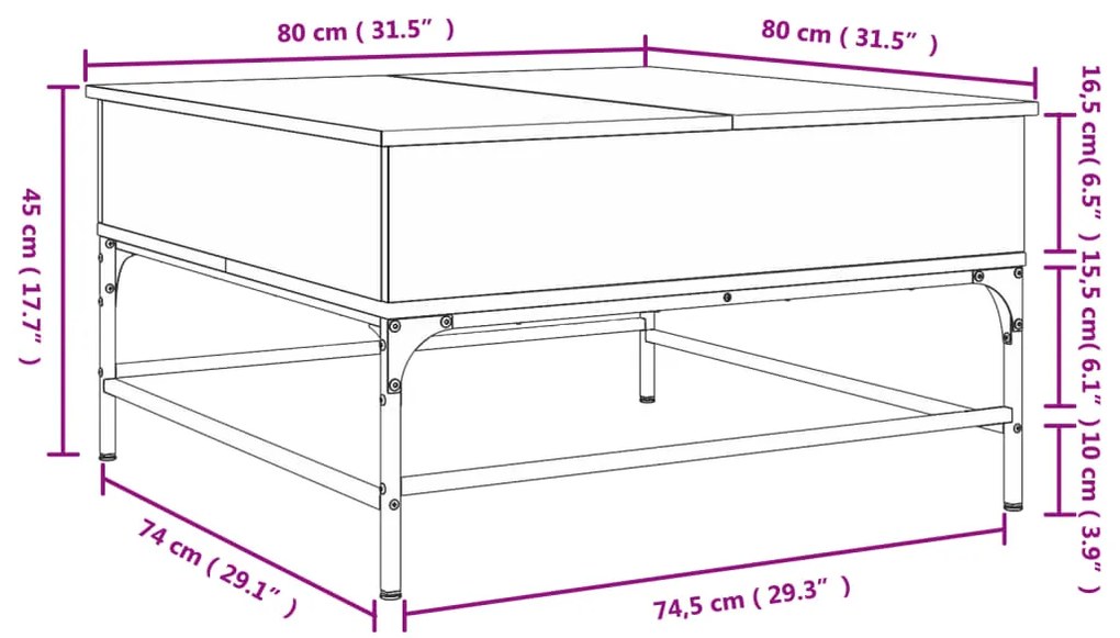 Mesa centro 80x80x45 cm deriv. madeira/metal carvalho castanho