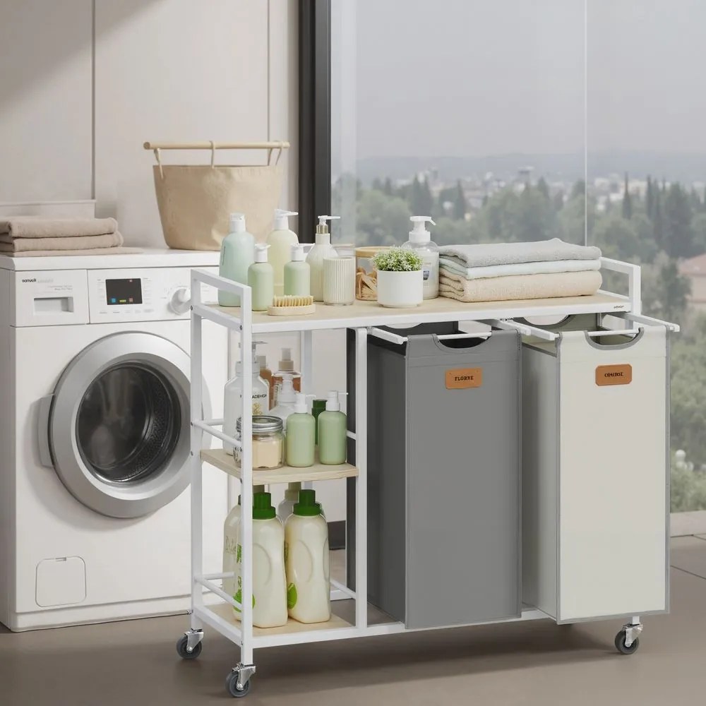 Carrinho para roupa suja com 2 compartimentos e arrumação 87 x 33 x 80,5 cm bege + cinzento + branco