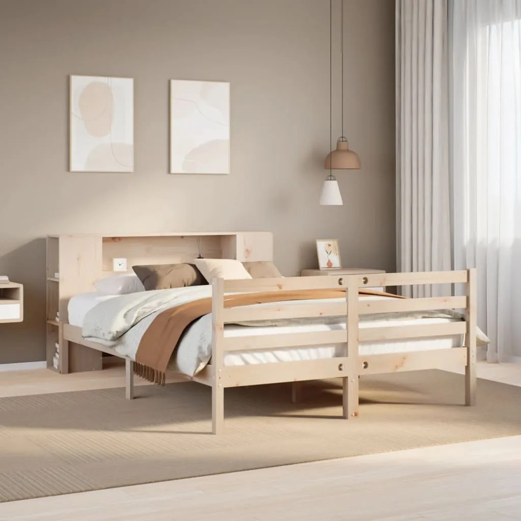 vidaXL Cama com estante sem colchão 150x200 cm pinho maciço
