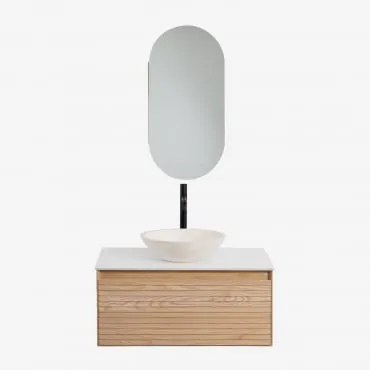 Conjunto De Móveis De Banheiro Em Madeira Tedrik Ash Castanho Fresno & Cimento Redondo Branco Ø40 Cm Zavion & Ovalado Com Armazenamento - Sklum