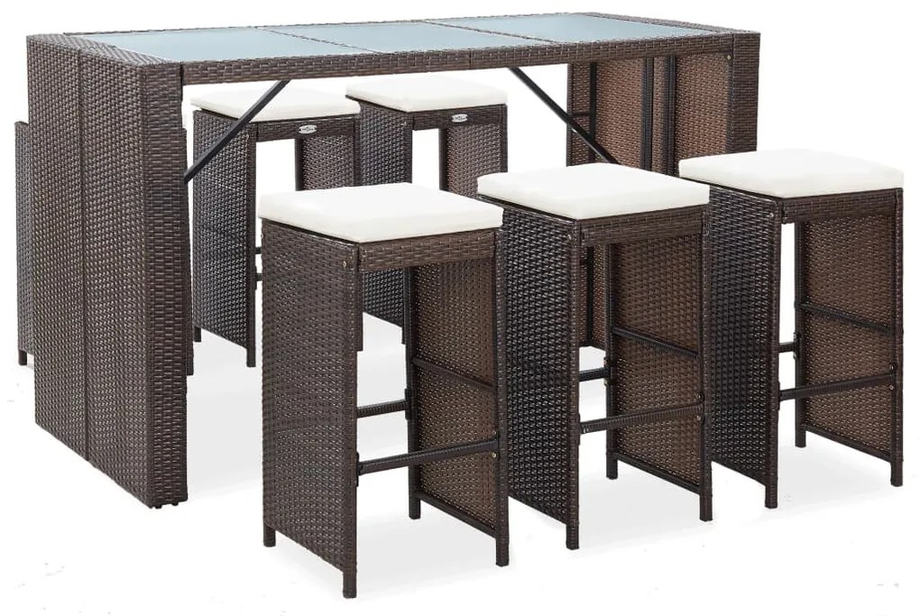 vidaXL 7 pcs conjunto bar para jardim c/ almofadões vime PE castanho