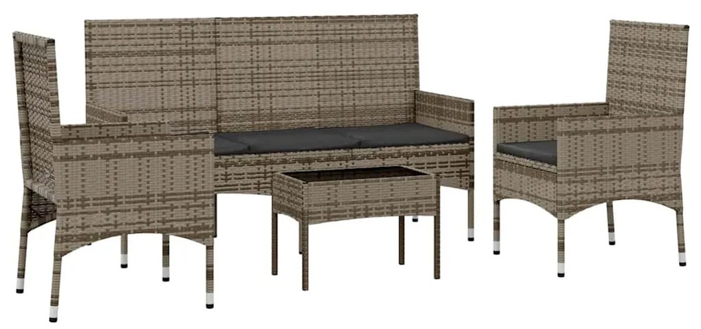 4 pcs conjunto lounge de jardim c/ almofadões vime PE cinzento