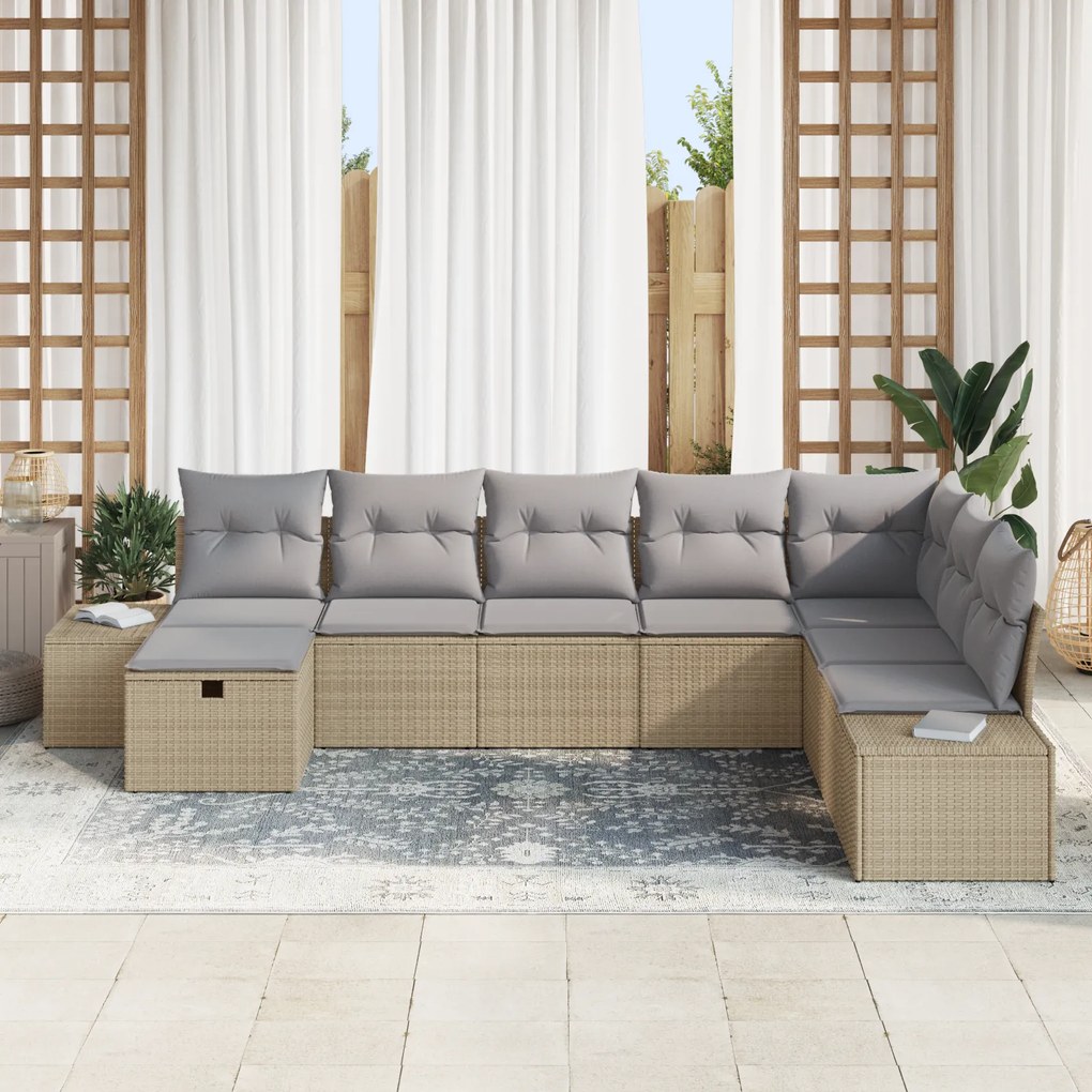 Conjunto de Sofá de 8 Peças com Almofadas Bege Rattan Poliéster