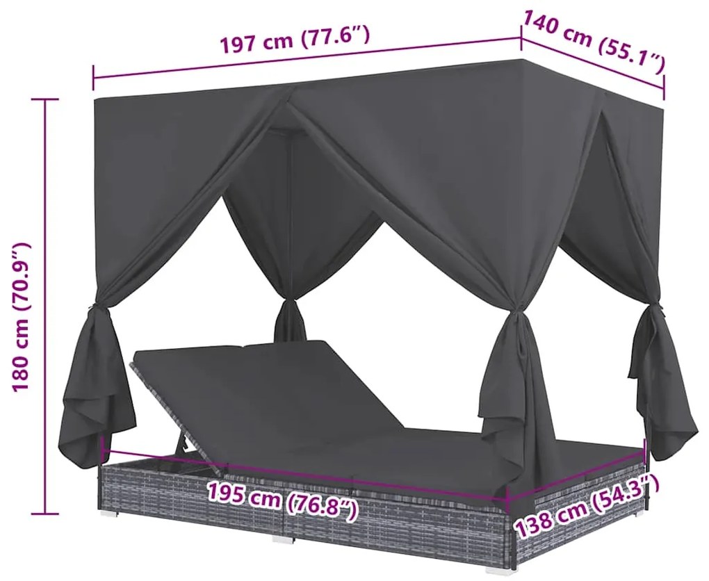 Espreguiçadeira de exterior com cortinas em vime PE cinzento