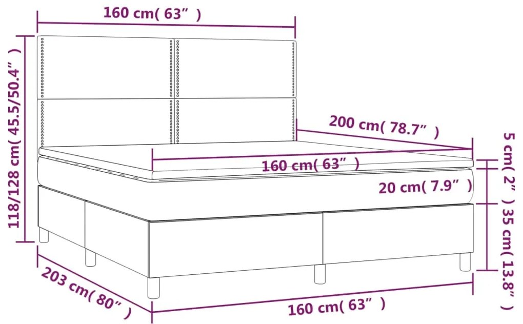 Cama box spring c/ colchão/LED 160x200cm tecido castanho-escuro