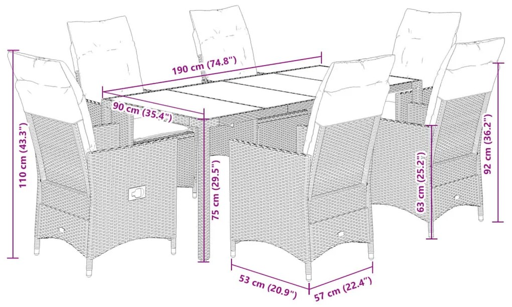 7 pcs conjunto de jantar p/ jardim com almofadões vime PE bege