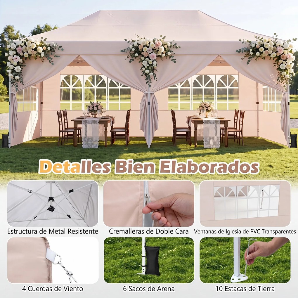 Tenda de Jardim Dobrável com 6 pesos, 600 x 300 x 310 cm, Paredes Laterais Removíveis, Bege