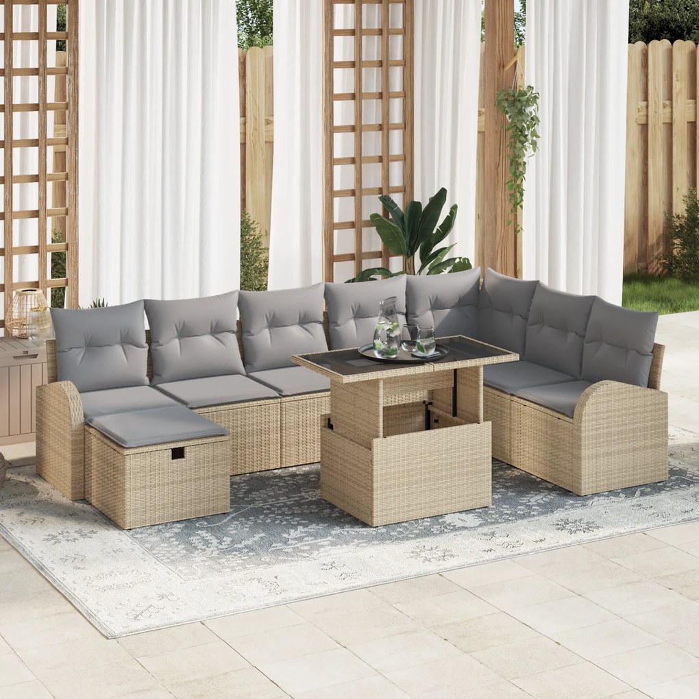 Conjunto de Sofá de Jardim de 9 Peças com Almofadas Bege Rattan Poli