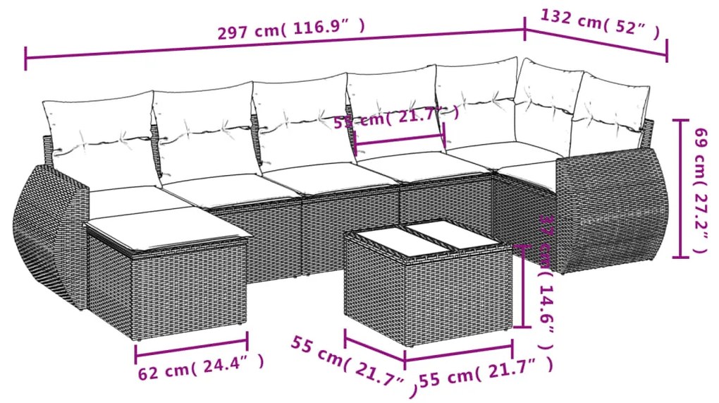 8 pcs conj. sofás jardim c/ almofadões vime PE cinzento-claro