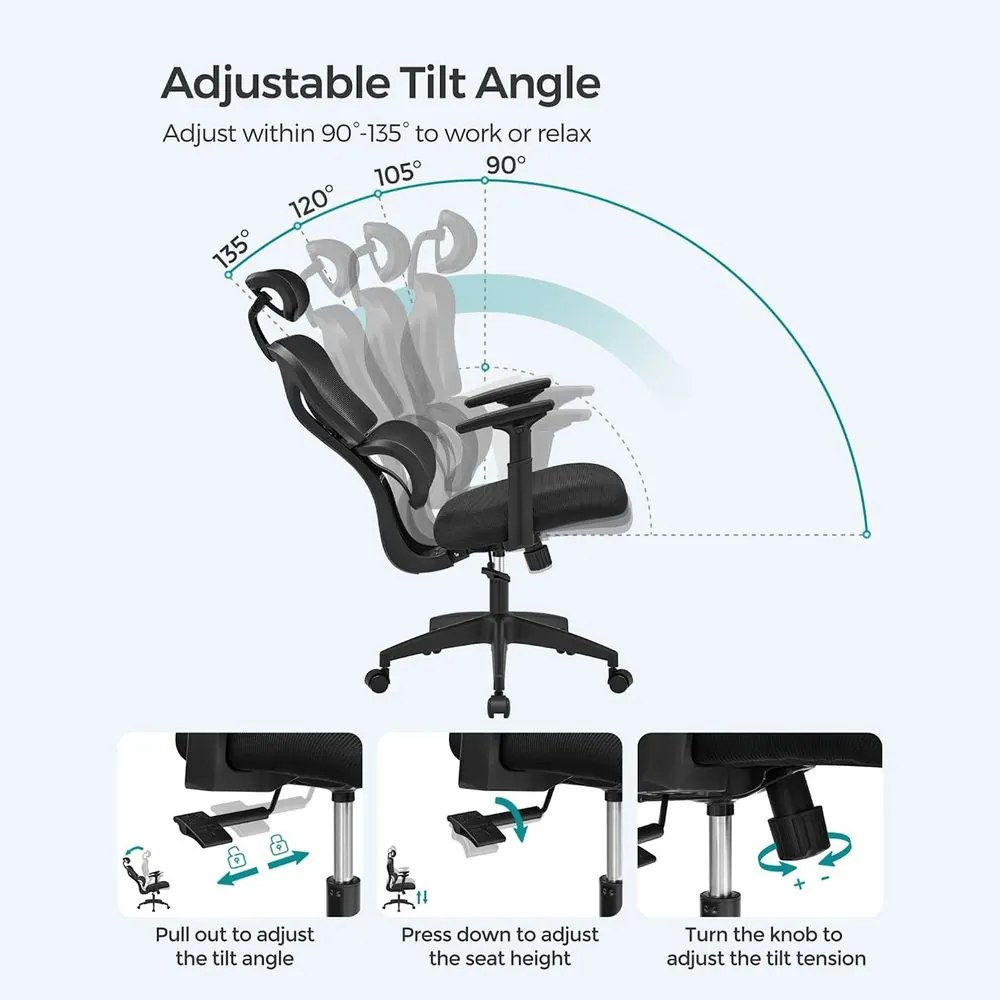 Cadeira de escritório com encosto e design ergonómico regulável Preta