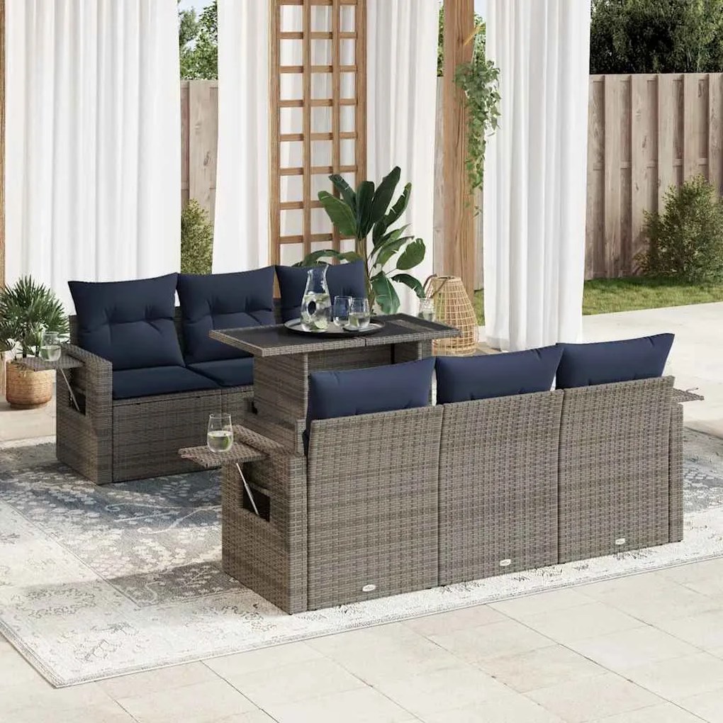 7 pcs conjunto sofás jardim c/ almofadões vime PE/acácia preto