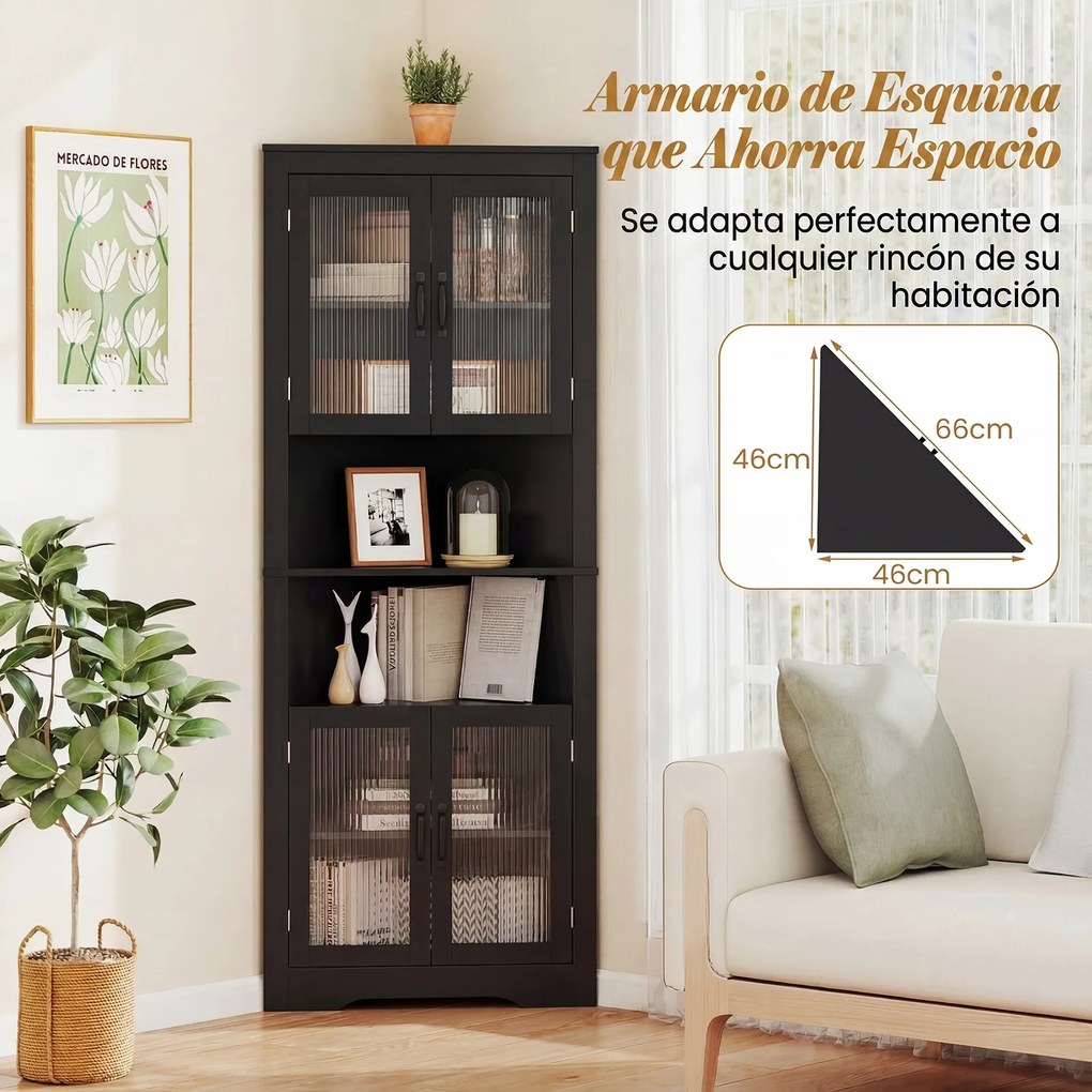 Armário de canto alto casa de banho, cozinha com 6 níveis 66 x 35 x 171 cm, portas de vidro e prateleiras ajustáveis em 3 posições, para cozinha tipo