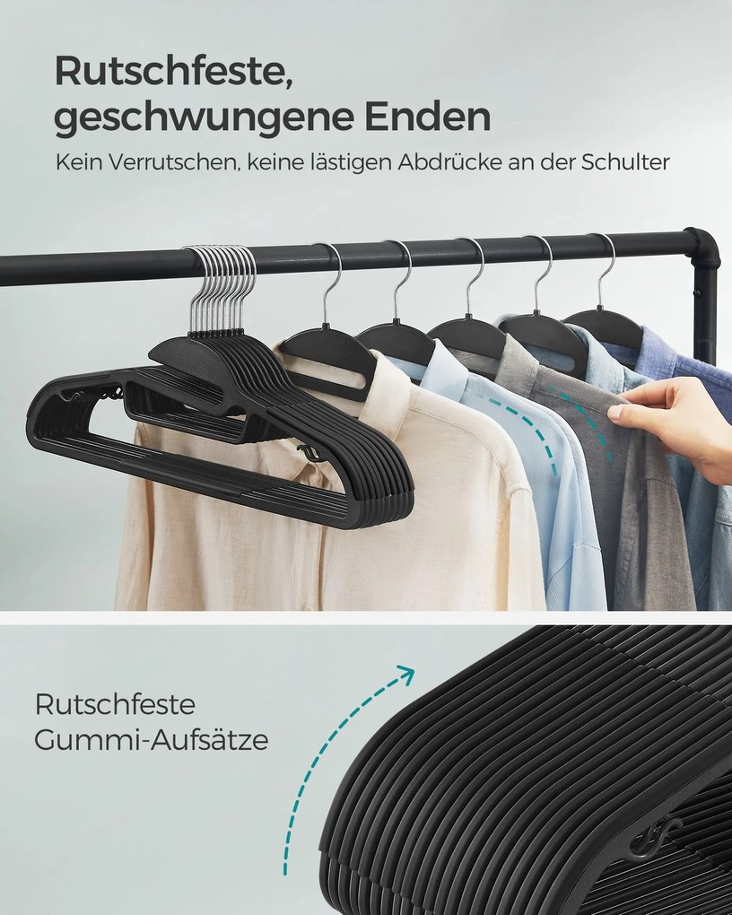 Conjunto 50 Cabides de plástico antiderrapante, compacto, preto