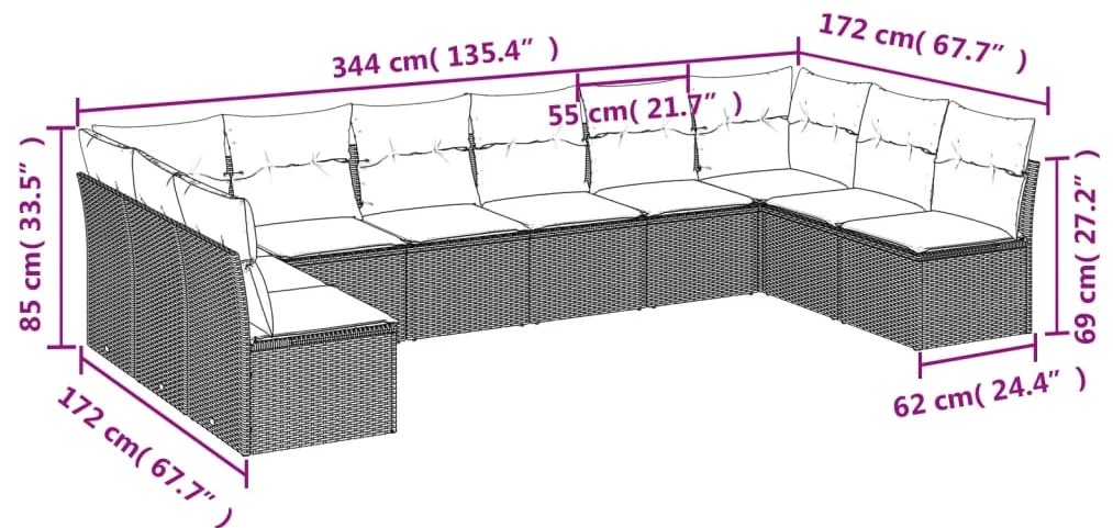 10 pcs conj. sofás jardim com almofadões vime PE cinzento-claro