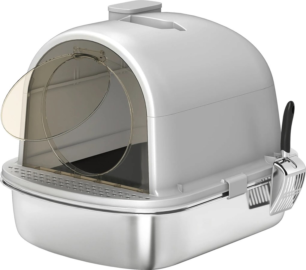 Caixa de Areia para Gatos em Aço Inoxidável com Tampa Caixa de Areia com Bolsa Desodorizante e Pá 52,4x41,3x39,9 cm Cinzento