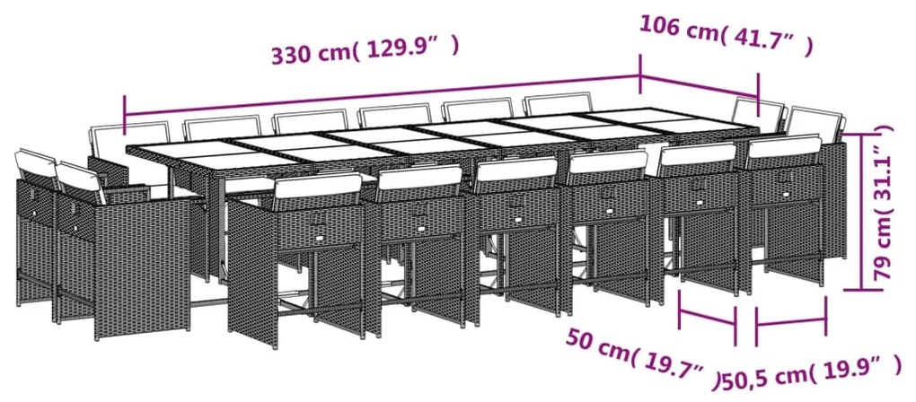 17 pcs conjunto de jantar p/ jardim c/ almofadões vime PE bege