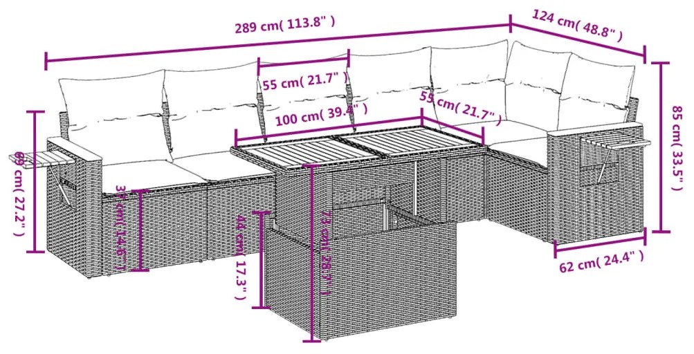 7 pcs conjunto de sofás p/ jardim c/ almofadões vime PE preto
