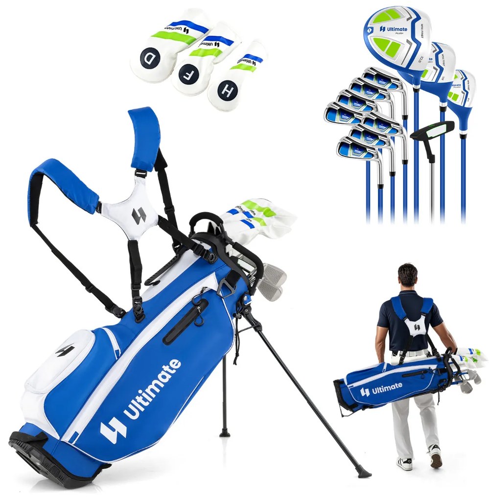 Conjunto completo de tacos de golfe para homem com bolsa de suporte. Inclui driver #1 460CC, madeira #3, híbrido, ferros #5#6#7#8#9#P#S e taco Azul