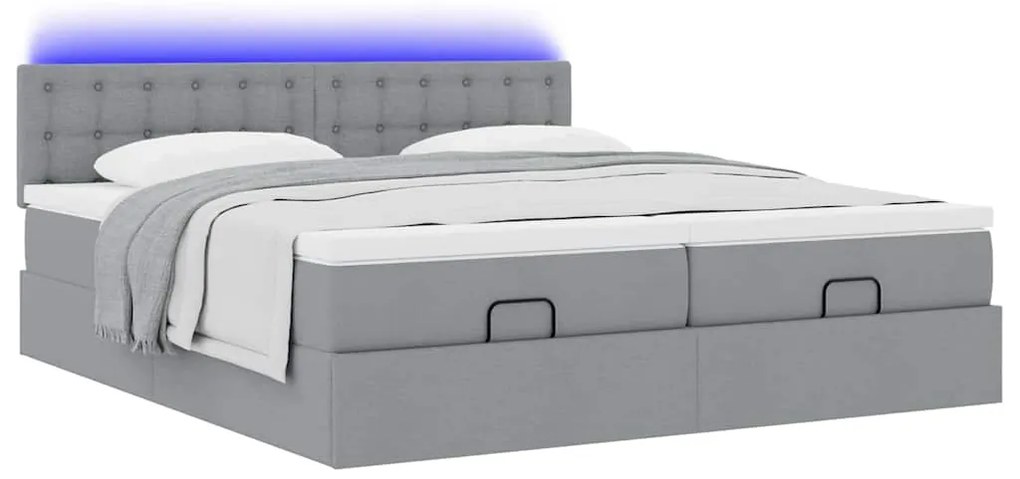 Estrutura de cama otomana com colchões tecido cinzento claro