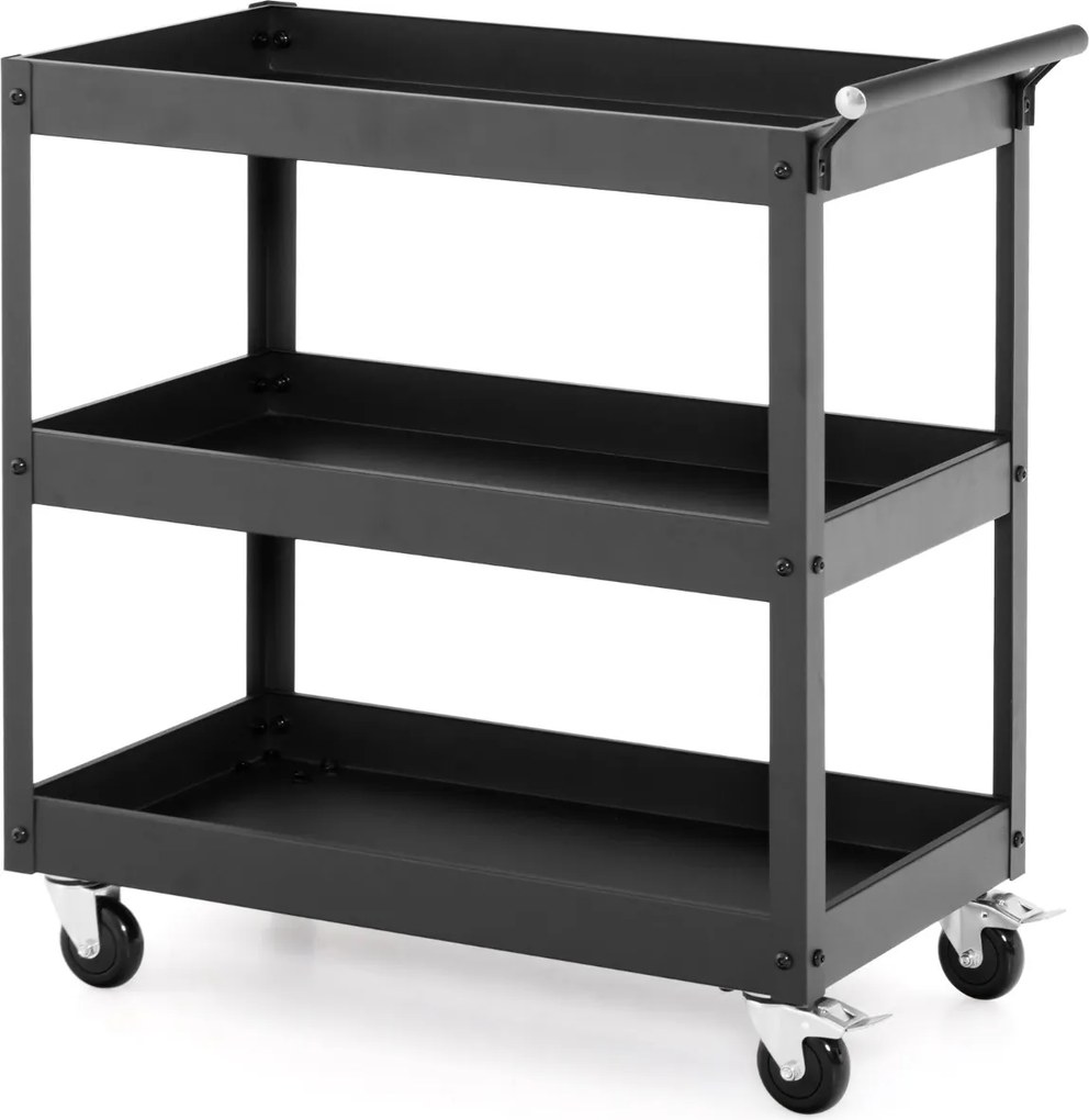 Carrinho de metal multifuncional 77,5 x 38 x 79 cm com 3 prateleiras e pega ergonómica Rodas para escritório ou garagem Preto